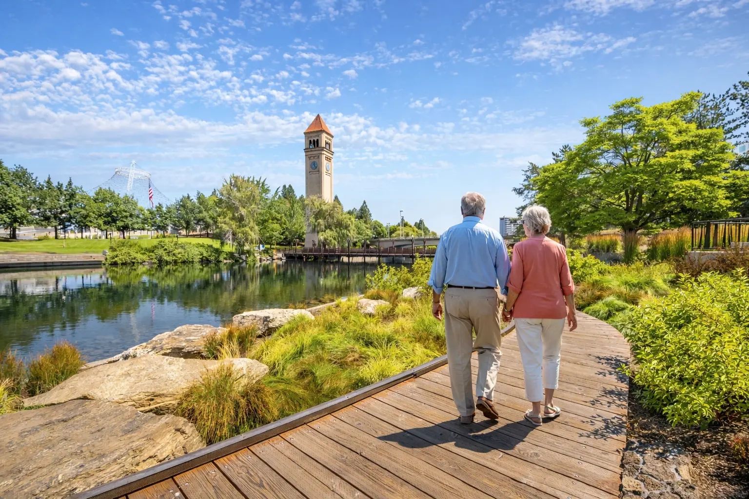 Retirees walking together at Riverfront Park